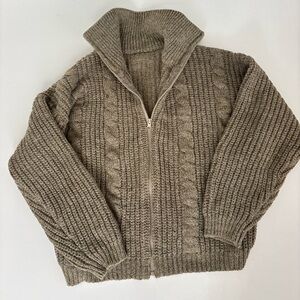 Zip-Front Cable Knit Sweater Jacket - Taupe